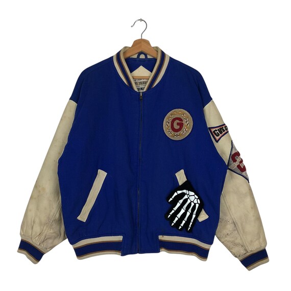 Vintage 90s Guess Varsity Leather Jacket, Embroidered Logo (size M