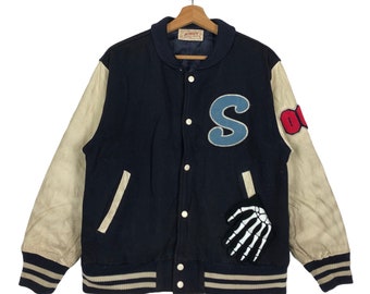 PICK!!! 80’s Vintage Varsity Jacket Burden Toyo Enterprise Spell Out Big Logo Hard To Find Leather Handling