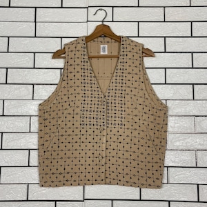 VÄLJ!!! Vintage Issey Miyake HAATH Haat Väst Japansk Designer Linne Bomull Mönstrad Ärmlös Jacka Arkiv Minimalistisk