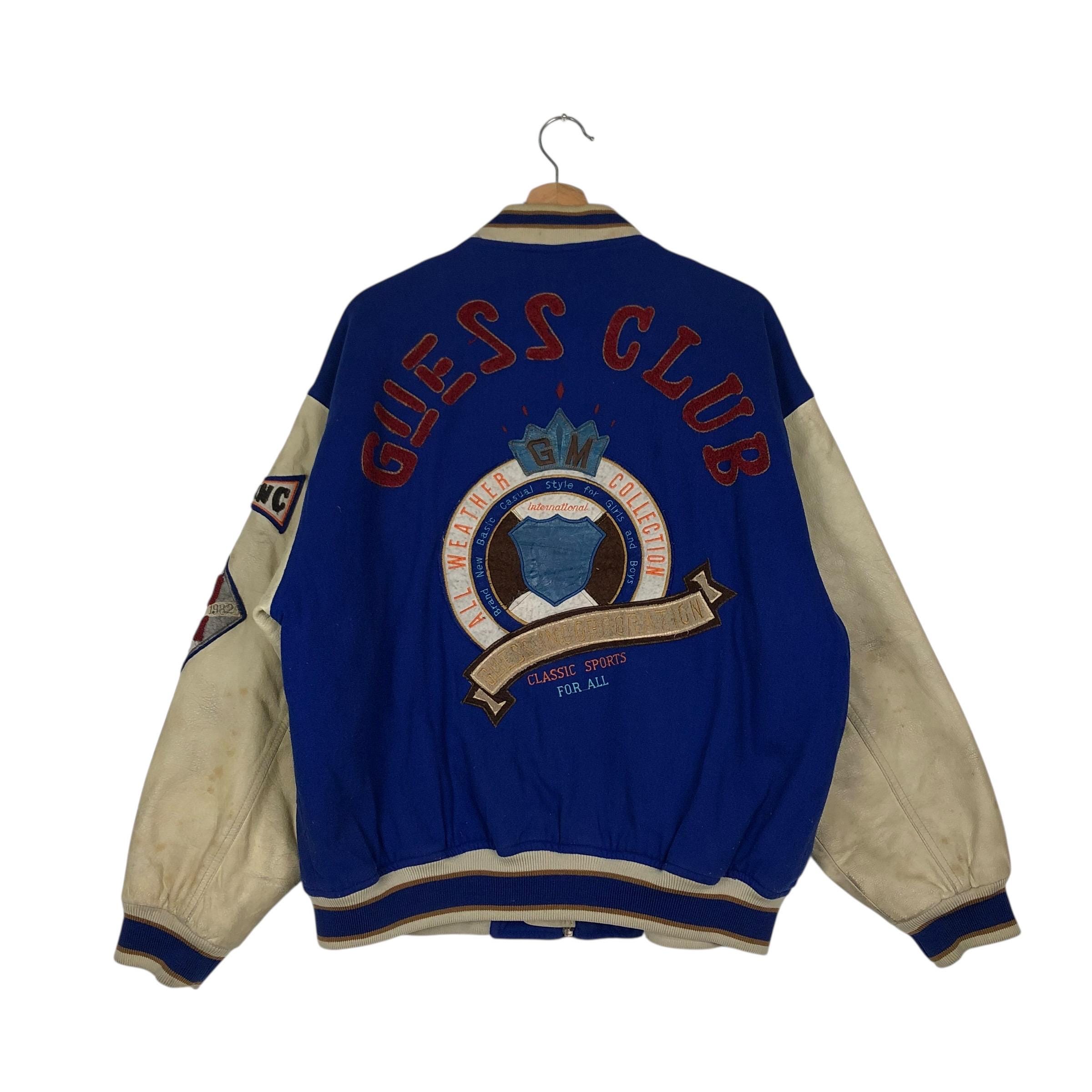 90s Guess A2 レザー スポーツ フライトジャケット 短丈 Tech Vintage 90s Guess Varsity Leather Jacket, Embroidered Logo (size M
