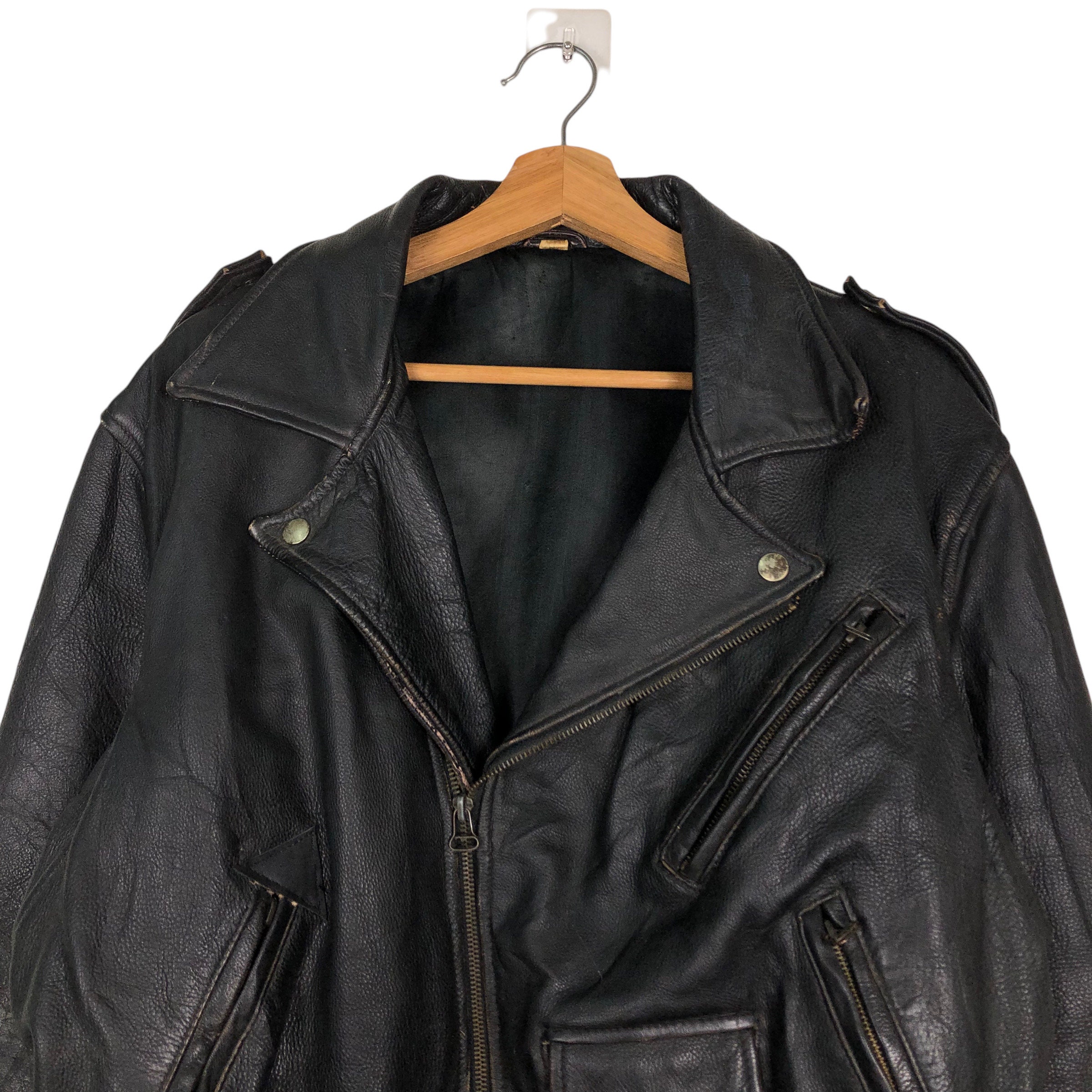 PICK!!! Vintage 80's Leather Biker Jacket Double Collar Very Rare