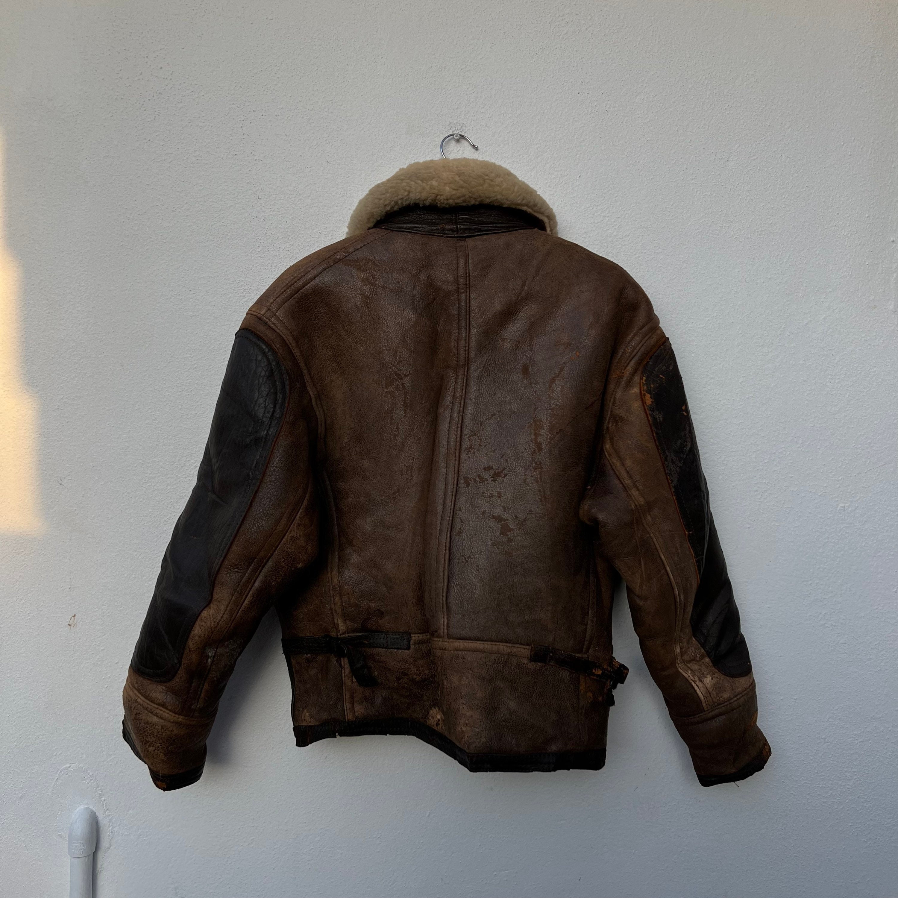 AVIREX sheepskin leather jacket ブラウン L Vintage Avirex Leather Biker Jacket, Sheepskin Shearling Collar