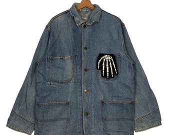 Vintage 90s Denim Chore Jacket, Skeleton Hand Patch, Size M