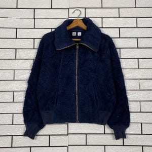 PICK!!! Vintage Uniqlo U Navy Fleece Zip Jacket Minimalist Sherpa Texture Japanese Streetwear Outerwear