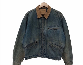 Vintage Denim Trucker Jacke, Cordkragen, Distressed Design