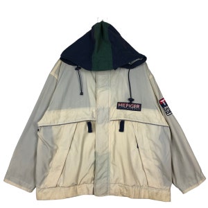PICK!!! Vintage Tommy Hilfiger Cream Colourblock Sailing Jacket Navy Green Hooded Windbreaker 90s Nautical Streetwear