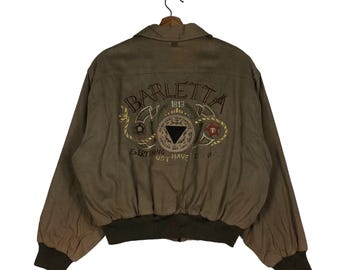 Giacca bomber da motociclista vintage corta, modello Flat Barletta con grande logo e ricamo, rara.