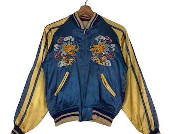 Vintage Embroidered Sukajan Souvenir Jacket, Reversible Dragon Design (S)