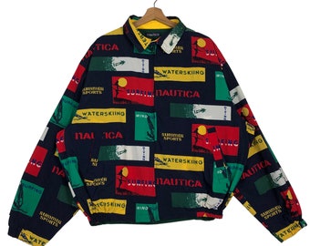 VÄLJ!!! Vintage 90-tals bomberjacka med vändbart övertryck, nautiskt färgblock och fullt tryck med fallskärmsdesign