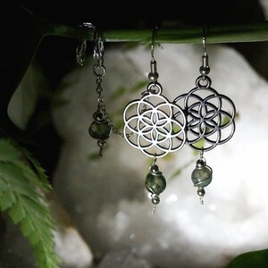 Flower of Life Earrings with Moss Agate Beads