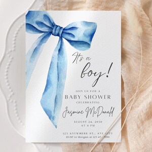 Blue Bow Baby Shower Invitation Template Printable, Baby Boy, Blue Coquette Baby Shower Invite, Baby Shower Invitation Boy Coquette Bow