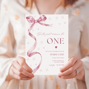 Girls Just Wanna Be ONE Birthday Invite, First Birthday Invitation, Pink Bow Invite, Girls Birthday, Ribbon, 1st Birthday invite, Preppy