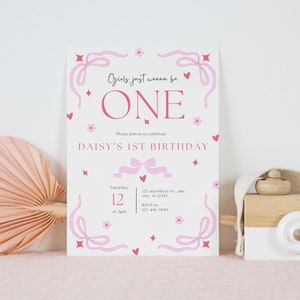 Girls Just Wanna Be ONE Birthday Invite, First Birthday Invitation, Pink Bow Invite, Girls Birthday, Ribbon, 1st Birthday invite, Preppy