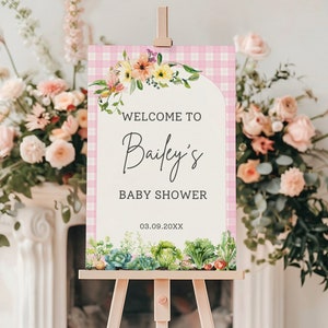 Farmers Market Baby Shower Willkommensschild Vorlage, lokal gewachsen, mit Liebe gewachsen, Mädchen-Babyparty-Willkommensschild, mit Gemüse