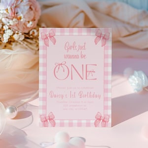 Girls Just Wanna Be ONE Birthday Invite, First Birthday Invitation, Pink Bow Invite, Girls Birthday, Ribbon, 1st Birthday invite, Preppy