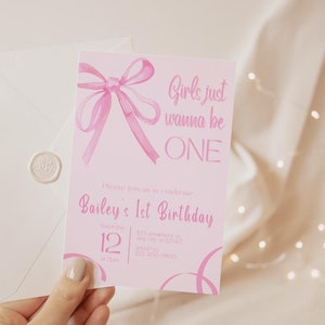 Girls Just Wanna Be ONE Invite Template, First Birthday Invitation, Pink Bow Invite, Girls Birthday, Ribbon, 1st Birthday invite, Preppy