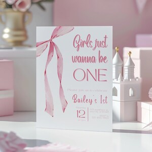 Girls Just Wanna Be ONE Birthday Invite, First Birthday Invitation, Pink Bow Invite, Girls Birthday, Ribbon, 1st Birthday invite, Preppy