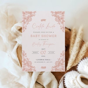 Invito per baby shower Cielito Lindo rosa cipria, baby shower messicano, invito Talavera rosa, Cielito Lindo per bambine, modello Canva modificabile