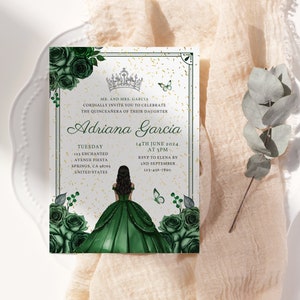Convite de aniversário de 15 anos verde esmeralda, elegante princesa mexicana floral Quince, convite espanhol para festa de 16 anos, convite floral verde para festa