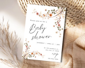 Baby Shower Invitation, Baby Shower invitation, Spring summer floral Baby shower, Digital Baby shower invitation template