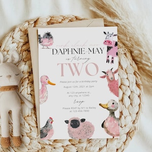 Faire-part d'anniversaire animaux de la ferme rose, invitation de fête de basse-cour mignonne, carte d'anniversaire de filles personnalisée, modèle d'Invitation de 2e anniversaire