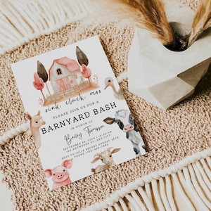 Editable Farm Birthday Invitation, Boy Farm Party Invite, Barnyard Animals, First Birthday, Digital Template, Canva Printable