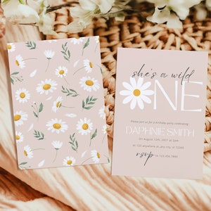Invito personalizzabile per il primo compleanno di Daisy, invito per la festa di compleanno di una neonata con motivo floreale pastello, modello di biglietto per il primo compleanno stampabile