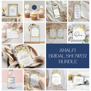 Amalfi Coast Bridal Shower Printable Bundle, Lemon Citrus Mediterranean Shower Decor With Blue Tile, Coastal Italian Tuscan Beach Party