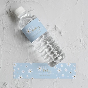 Editable Baby Shower Water Bottle Labels, Daisy Floral Theme, Light Blue Printable Party Favor, Custom Baby Shower Decorations
