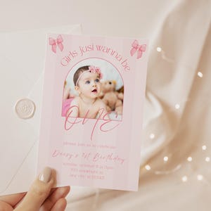 Girls Just Wanna Be ONE Birthday Invite, First Birthday Invitation, Pink Bow Invite, Girls Birthday, Ribbon, 1st Birthday invite, Preppy