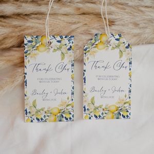 Etiquetas de presente de limão em azulejo azul. Mama's Main Squeeze Bridal Shower Thank You Favors. Modelo editável para impressão. Positano Costa Amalfitana