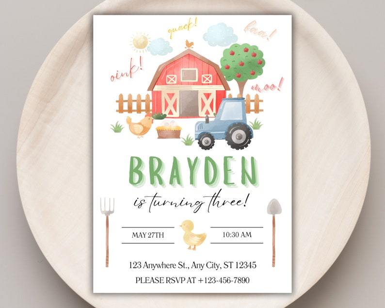 Editable Boy Farm Birthday Invitation, Farm Animals Birthday Invite ...