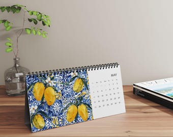 Calendario de escritorio mediterráneo de acuarela 2025: decoración de oficina bohemia