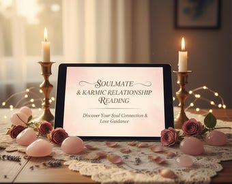 May include: A tablet displaying "SOULMATE & KARMIC RELATIONSHIP READING" sits on a table with candles, roses, and rose quartz crystals. The scene is softly lit, creating a romantic and spiritual ambiance. The text below reads "Discover Your Soul Connection & Love Guidance."
