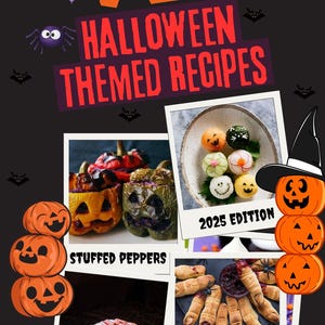 Puede incluir: Una portada de libro de cocina con el título "75 Recetas Temáticas de Halloween" en rojo y naranja. La portada presenta imágenes de comida temática de Halloween, incluyendo pimientos rellenos, pastel de cerebro y dedos de bruja. También se muestra la edición de 2025.