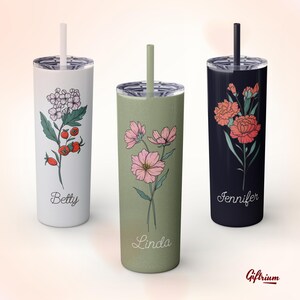 Personalized Birth Flower Skinny Tumbler – Custom Name Stainless Steel Insulated Cup, Floral Travel Mug with Lid & Straw, Bridesmaids Gift