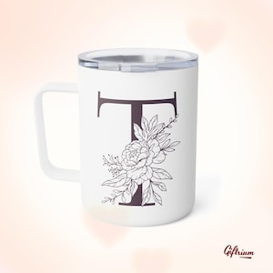 Personalized Insulated Coffee Mug with Floral Monogram – Custom Stainless Steel Travel Cup Elegant Gift for Her Double-Wall Tumbler with Lid