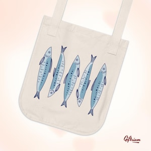 Fisherman Aesthetic Organic Canvas Tote Bag Minimalist Sardine Illustration Eco-Friendly Grocery Bag Nautical Coastal Gift for Fishermen