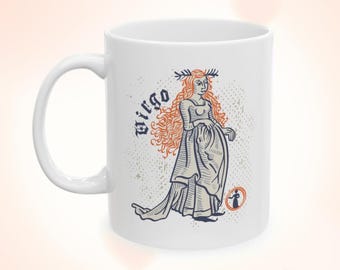 Virgo Medieval Zodiac Mug, Astrology Coffee Cup Medievalcore Star Sign Gift Gothic Horoscope Mug Vintage Celestial Ceramic Mug handdrawing