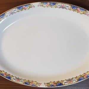 Homer Laughlin 1920s-1930s, Made in the U.S.A.,  13” X 8.5" Oval Platter E1N Pink Roses, Blue Band, Gold & Blue Trim