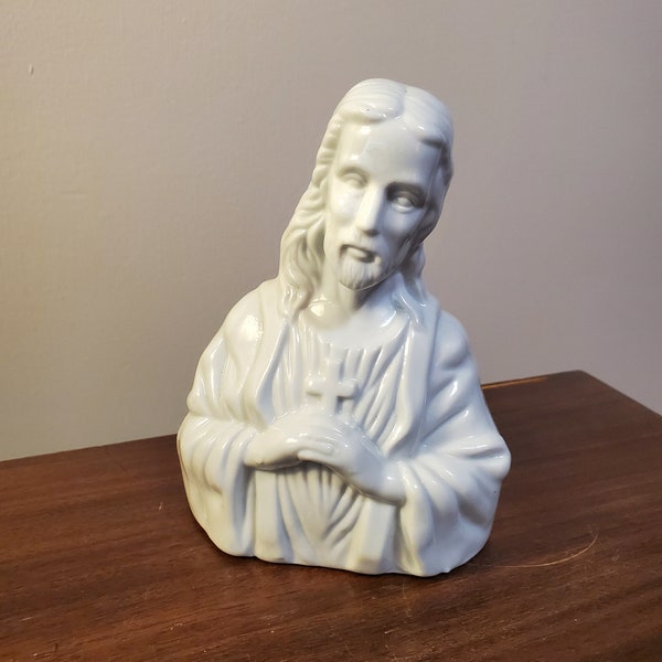 Vintage Ceramic White Glaze Jesus Bust Christ Porcelain Statue Figure Catholic