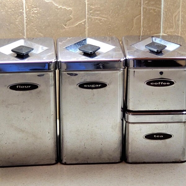 Vintage 1950s Masterware Canette Chrome Metal Set of 4 Canisters - Flour, Sugar, Coffee & Tea with Black Bakelite Plastic Handles