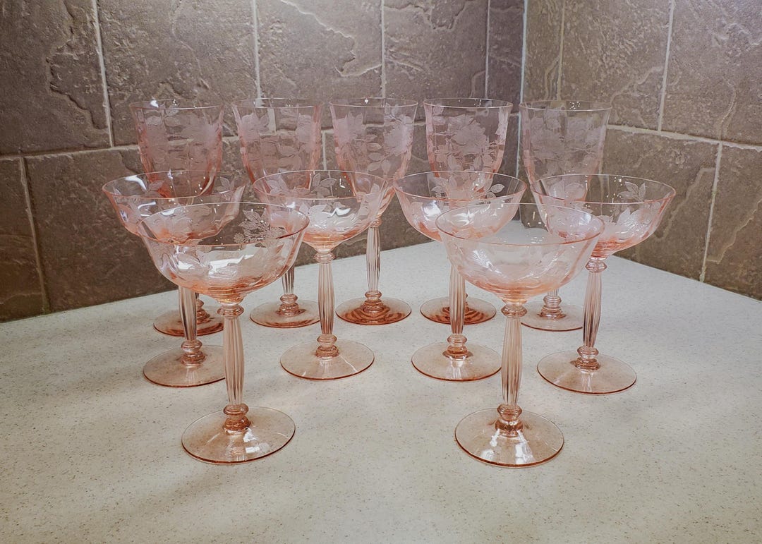Vintage Set of 11 Pink Depression Glass Stemware With Etched Floral ...