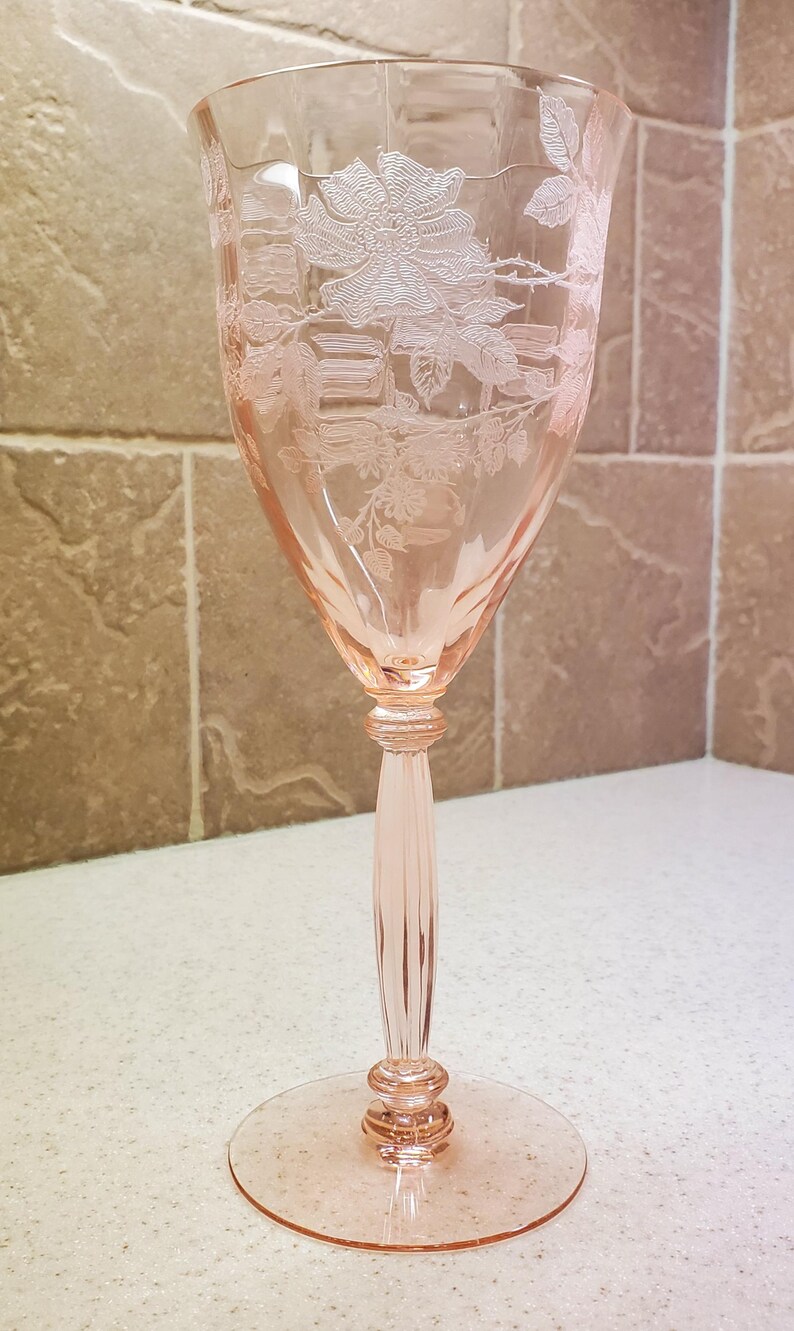 Vintage Set of 11 Pink Depression Glass Stemware With Etched Floral ...