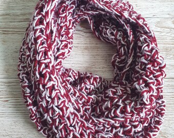 Red And White Crocheted Infinity Scarf, Handmade Gift, Wrap Around Scarf