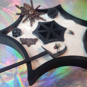 May include: A black, star-shaped tray with a white interior, featuring various decorative elements. These include a brown spider, a geometric sphere, a moth, a spider web, and a shovel-shaped item with a fly illustration.