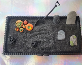 2 in 1 Goth Zen Garden | Graveyard and Pumpkin Patch Zen Garden | Halloween Tabletop Fidget Toy | Spooky Decor | Haunted Pumpkin Patch |