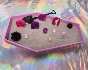 Pastel Coffin Zen Garden | Spooky Zen Garden | Goth Tabletop Fidget Toy | Anti-anxiety | Calming | Graveyard | Halloween Decor | Whimsigoth