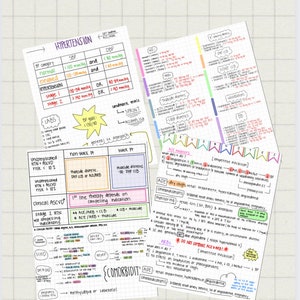 Könnte beinhalten: Ein handgeschriebener Studienleitfaden für Bluthochdruck, mit einer Tabelle, die die Blutdruckkategorien, Stadien und Behandlungsmöglichkeiten aufzeigt. Der Leitfaden enthält Informationen über ACE-Hemmer, SARTANs und andere Medikamente sowie Überlegungen für verschiedene Patientenpopulationen.