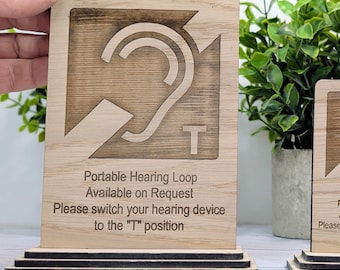 Personalised Wooden Portable Hearing Loop Sign – Freestanding Table Sign for Accessibility, Office, & Public Spaces- Two Sizes
